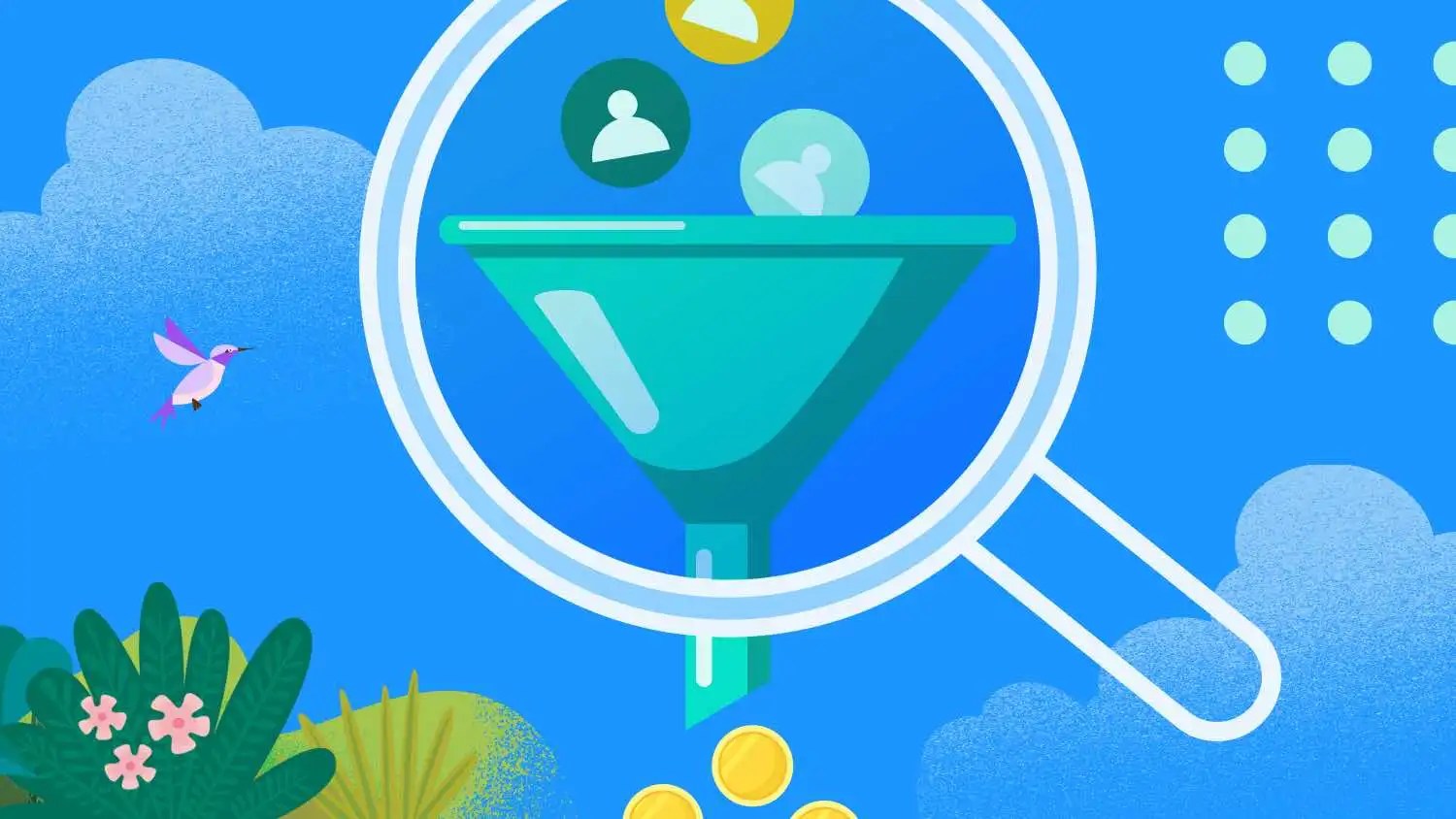 ícones redondos de pessoas entrando por um funil.