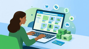 mulher sentada pesquisando no computador. ao lado do computador tem algumas caixas em referência a entrega de encomendas.