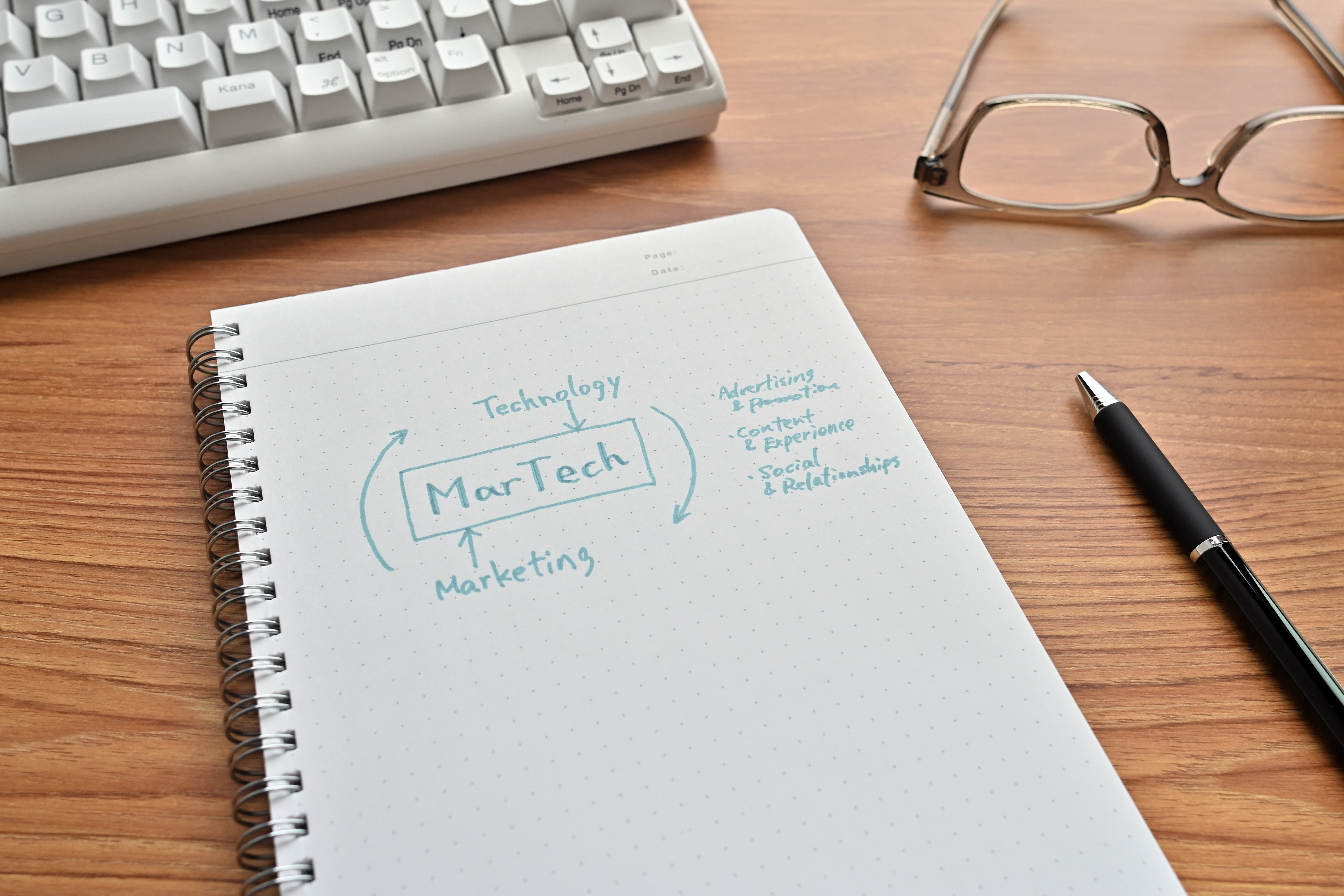 Imagem de um caderno sobre uma mesa com a inscrição MARTECH no centro e as palavras technology e marketing em volta.