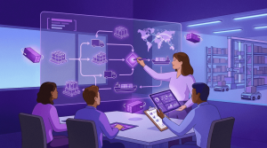 Profissional de supply chain management conversa com colegas em uma reunião.