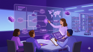 Profissional de supply chain management conversa com colegas em uma reunião.