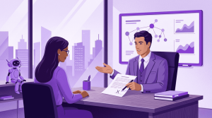 Advogado explica documentação para uma cliente, indicando a necessidade de assinatura enquanto segura uma caneta.