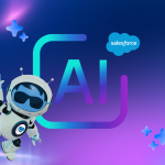 Ilustração de Astro e Agentforce para Salesforce Suites com IA em um fundo roxo.