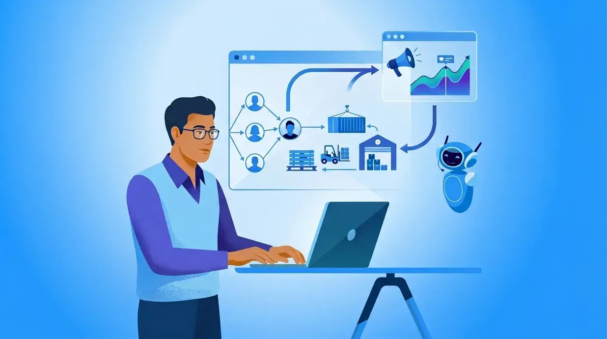 Pessoa em pé, digitando no computador e com alguns dashboard ao fundo