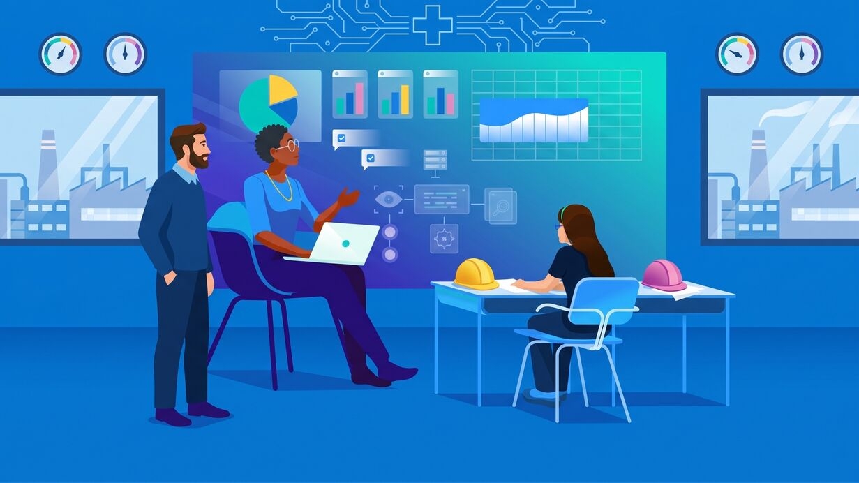 Time está analisando dados de uma empresa do setor de manufatura, reunidos em uma sala. Duas pessoas estão conversando e outra está no computador.