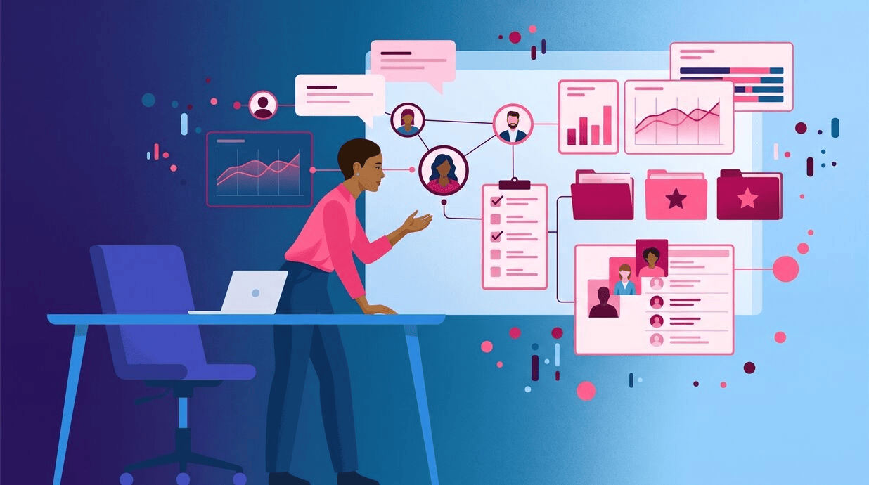 Profissional analisando perfis de colaboradores em uma interface digital de recursos humanos, com indicadores de equipes e listas de candidatos. Representa banco de talentos, organização de profissionais e gestão estratégica de pessoas.