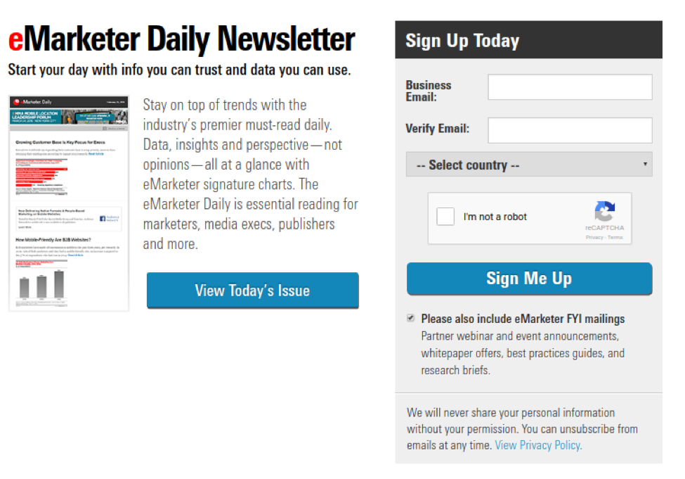 screenshot of emarketer's newsletter form
