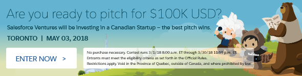 Are you ready to pitch? Enter to join our dreampitch contest.></a></p>
<p> </p>
<h3>How Does It Work?</h3>
<h3> </h3>
<p>As part of World Tour Toronto on May 3, Salesforce will be inviting three finalists to the stage, where they will share their vision with thousands of Trailblazers.</p>
<p> </p>
<p>Besides receiving valuable feedback from the judges, the three startups will receive:</p>
<p> </p>
<ul>
<li>Round trip flight to Toronto and hotel accommodations for two presenters</li>
<li>A chance to win a  $100,000 USD investment from Salesforce Ventures</li>
<li>Bragging rights for pitching live at World Tour Toronto</li>
</ul>
<p> </p>
<p><a href=