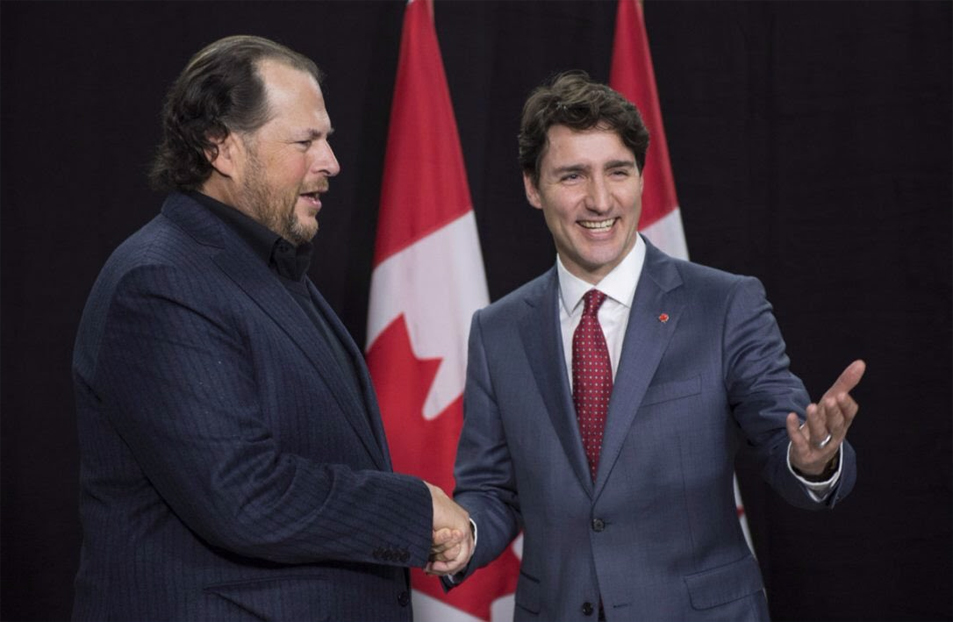 Benioff with Trudeau shaking hands