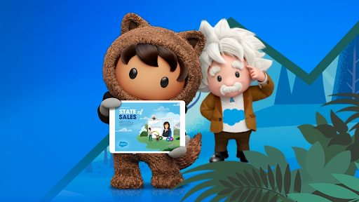 Einstein and Astro character holding state of sales cover on a ipad 