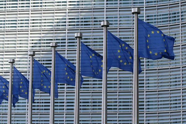 Ein Gebäude vor dem zahlreiche EU-Flaggen zu sehen sind