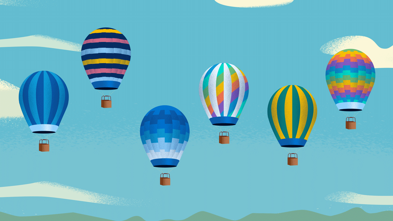 Un colorido grupo de globos aerostáticos animados flotando en un cielo azul
