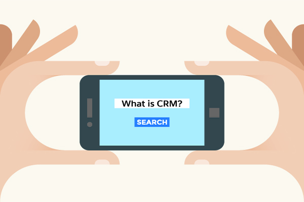 Illustration of hands holding a mobile phone and searching for CRM in Google 