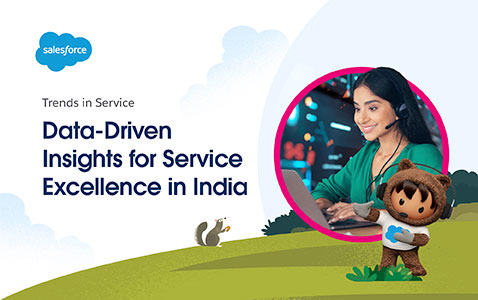 Trends in Service: Data-driven insights for service excellence in India, featuring a customer service agent with a headset and Salesforce Astro.