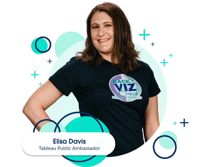Tableau Public Ambassador, Elisa Davis, smiles in a “Back to Viz Basics” t-shirt.