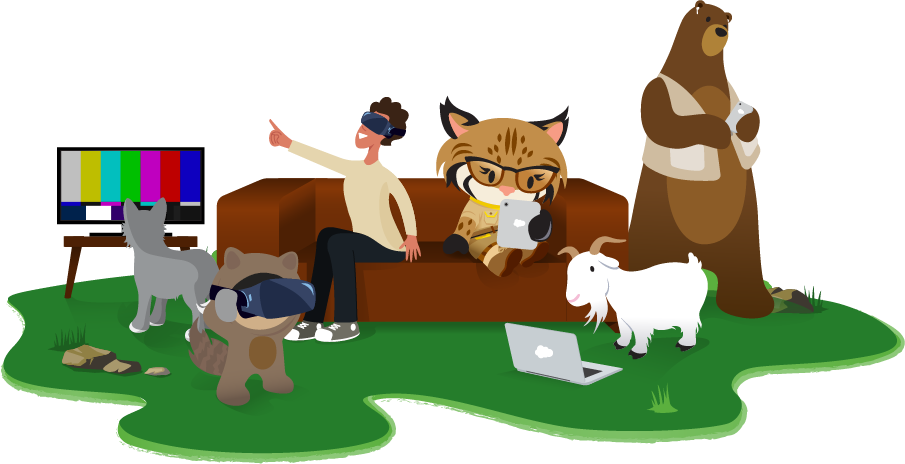 Group of animals using phones and computers