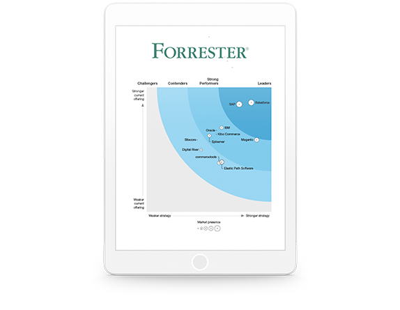 Forrester Wave B2C Commerce Leader report on a tablet screen