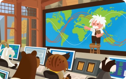 Personajes de Salesforce aprendiendo sobre nuevas tecnologías.