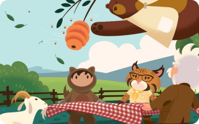 Personajes de Salesforce colaborando.