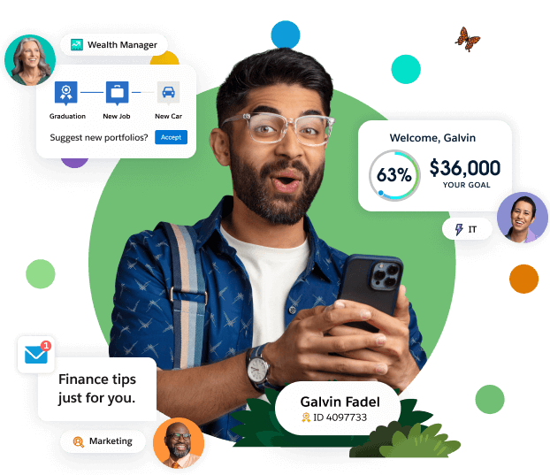 Happy young man with images of wealth management and personalized email modules.