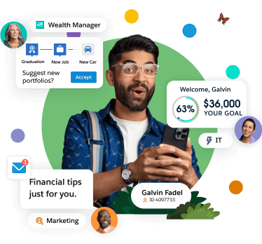 Happy young man with images of wealth management and personalized email modules.