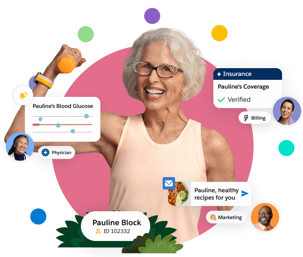 Fit, happy older woman with images of glucose monitoring, insurance verification, and a personalized email module.