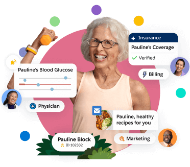 Fit, happy older woman with images of glucose monitoring, insurance verification, and a personalized email module.