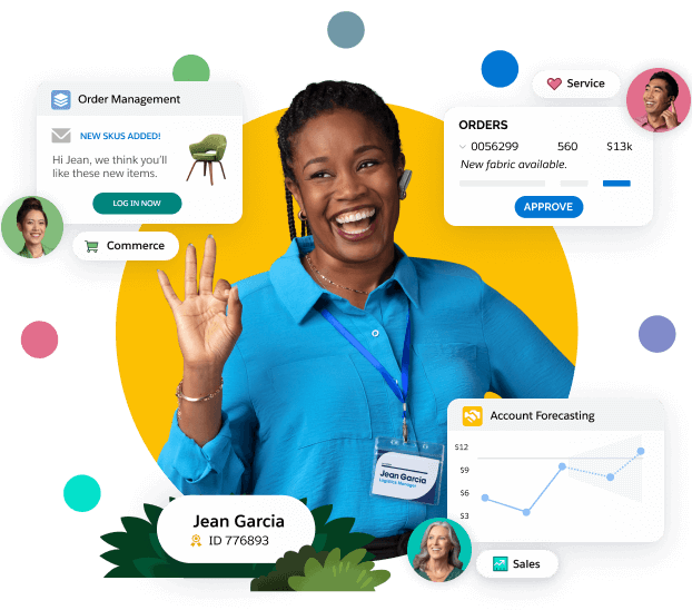 Happy young woman with images of in-stock email and forecasting modules.