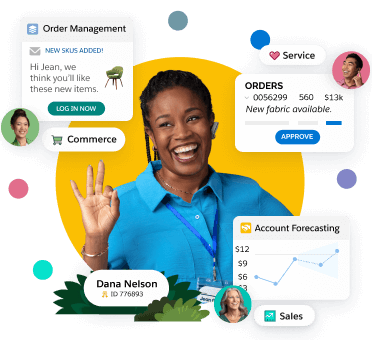 Happy young woman with images of in-stock email and forecasting modules.