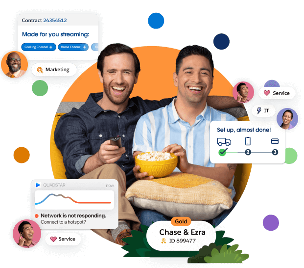 Two smiling men on a couch with popcorn and images of streaming interface, walk-through guides, and service outage notification modules.