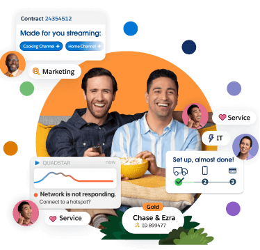 Two smiling men on a couch with popcorn and images of streaming interface, walk-through guides, and service outage notification modules.