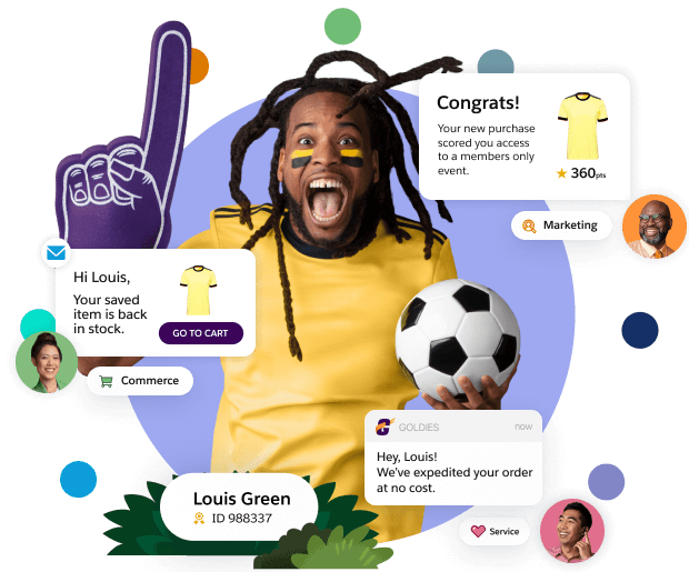 Excited sports fan with images of shopping cart and shipping notification modules.