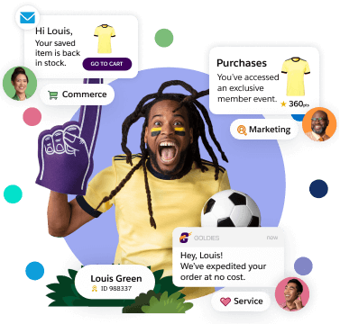 Excited sports fan with images of shopping cart and shipping notification modules.