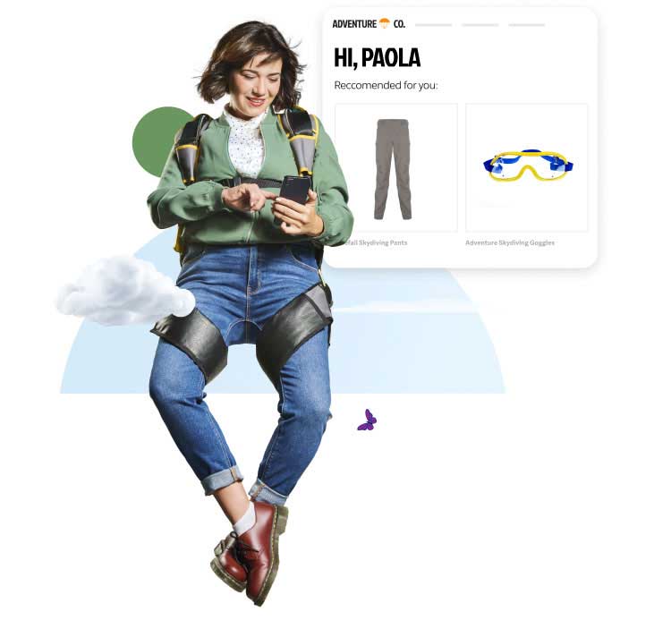 Paola looking at mobile device with digital storefront of parachute