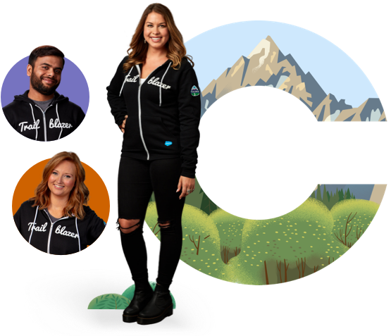 Two portraits of champions, each framed by a circle. To the right of them, a champion is standing next to a large "C," which contains colorful mountain imagery inside of its borders. Astro, a Salesforce mascot, is standing to the left of all, holding up his hands as if presenting the scene to us.