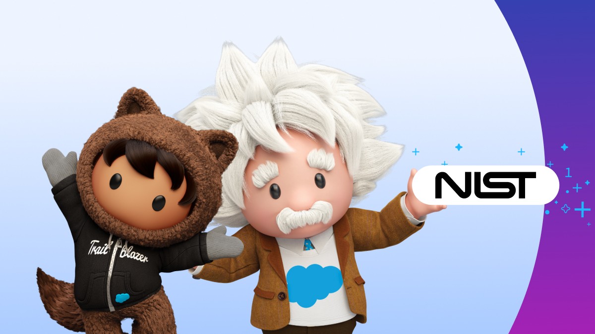 Salesforce characters Astro and Einstein in front of NIST logo