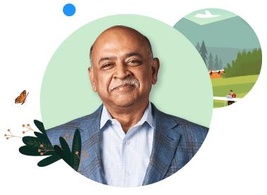 Headshot of Arvind Krishna in a green circle with a leafy plant, a butterfly, and a forest behind him