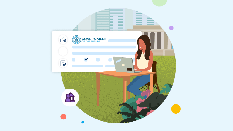 Graphic of a woman at a desk with a laptop. 