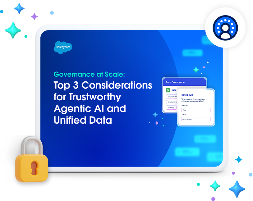 A tablet displaying "Governance at Scale: Top 3 Considerations for Trustworthy Agentic AI and Unified Data" with a small pop-up window showing "Data Governance" and "Tags." A yellow padlock icon is in the foreground, and various sparkling star shapes are in the background.