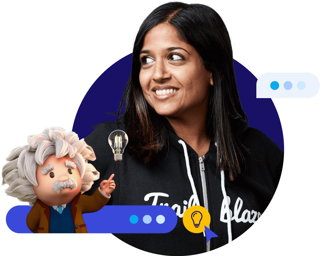 Einstein, een Salesforce-mascotte; vrouw in een tekstballon; chat-UI