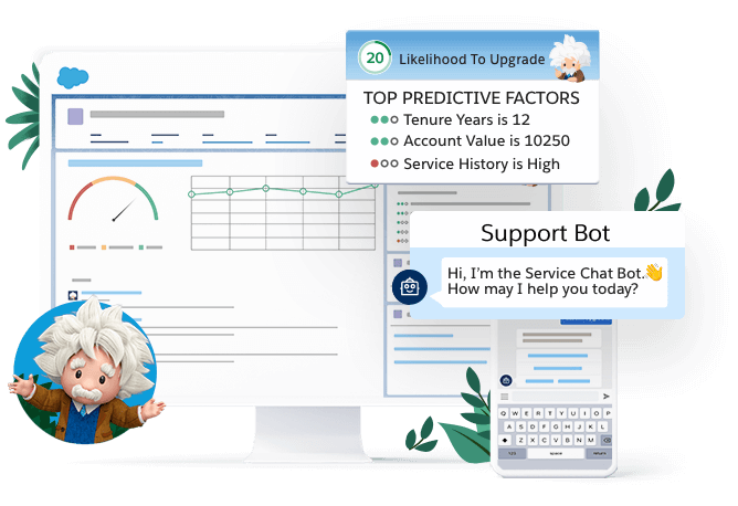 Una pantalla de escritorio en la que se destaca la probabilidad prevista de Einstein de que un cliente actualice su cuenta en una organización de Salesforce y una pantalla móvil en la que se muestra a un cliente chateando con un bot de chat.