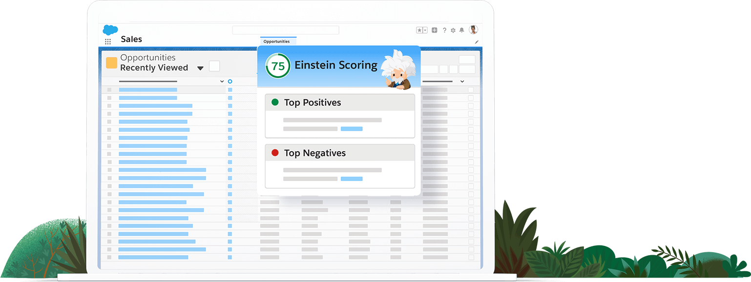 Overzicht van de opportunities van een Salesforce-organisatie, waarbij Einstein aangeeft hoe groot de kans is dat een opportunity wordt binnengehaald.