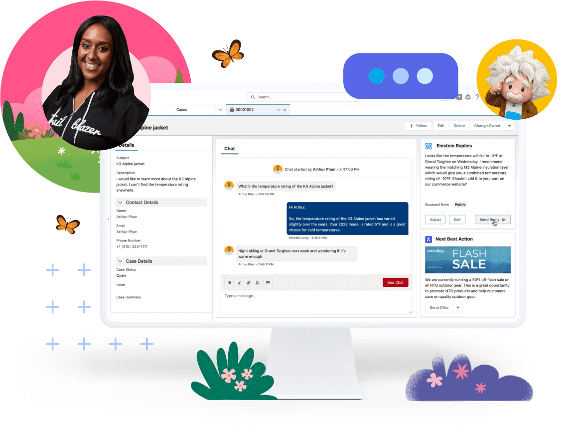 Einstein, a Salesforce mascot; screen showing Salesforce chat UI; woman in a chat bubble