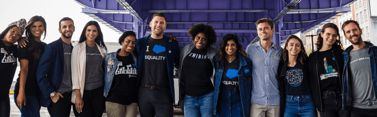 diverse group of salesforce employees wearing equality shirts