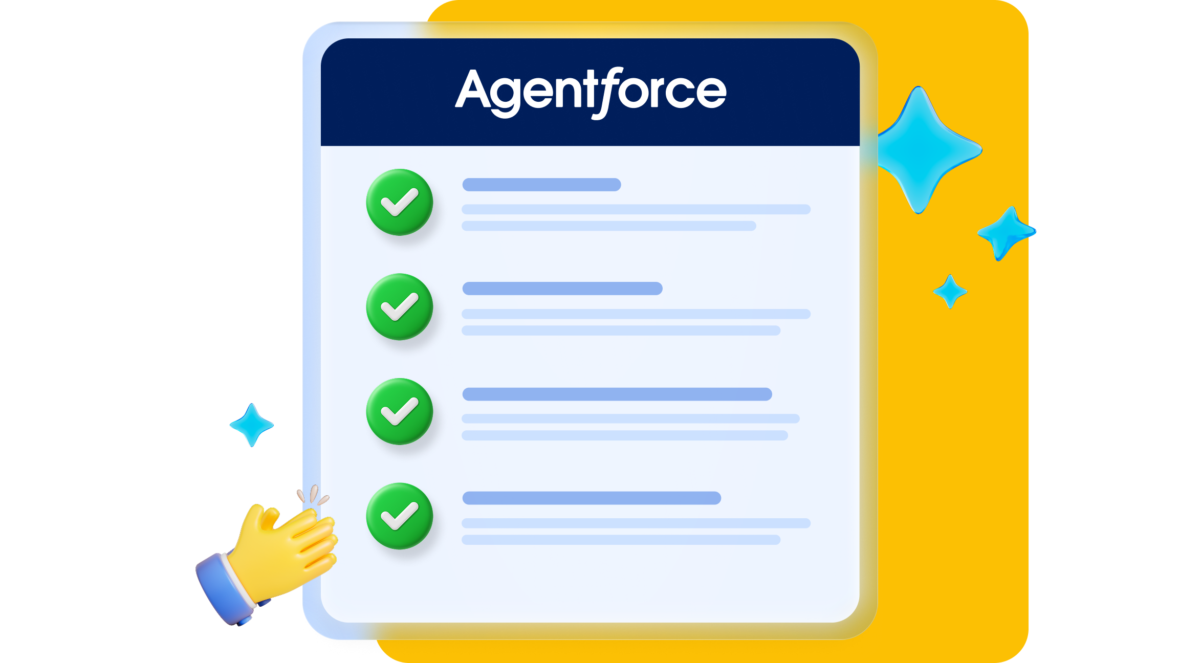 A digital checklist titled "Agentforce" with four green checkmarks next to four lines of text, held by a stylized yellow hand, against a bright yellow and dark blue background.