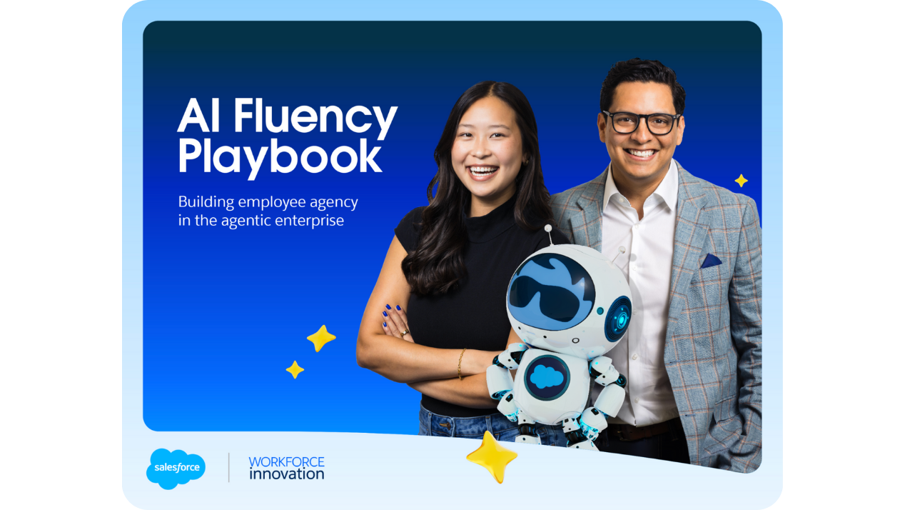 AI Fluency Playbook cover with two smiling professionals on a blue background. Woman in black top with crossed arms and man in gray plaid blazer. Title reads "AI Fluency Playbook: Build employee agency in the agentic enterprise.”