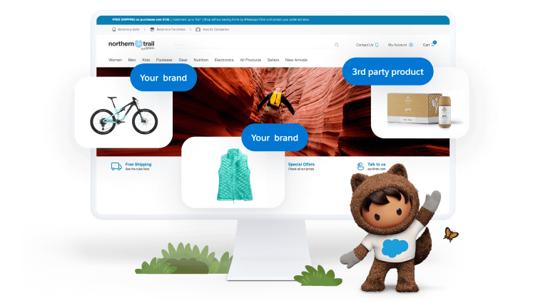 Digital marketplace storefront with two products highlighted as “Your brand” and one identified as “3rd party product.”