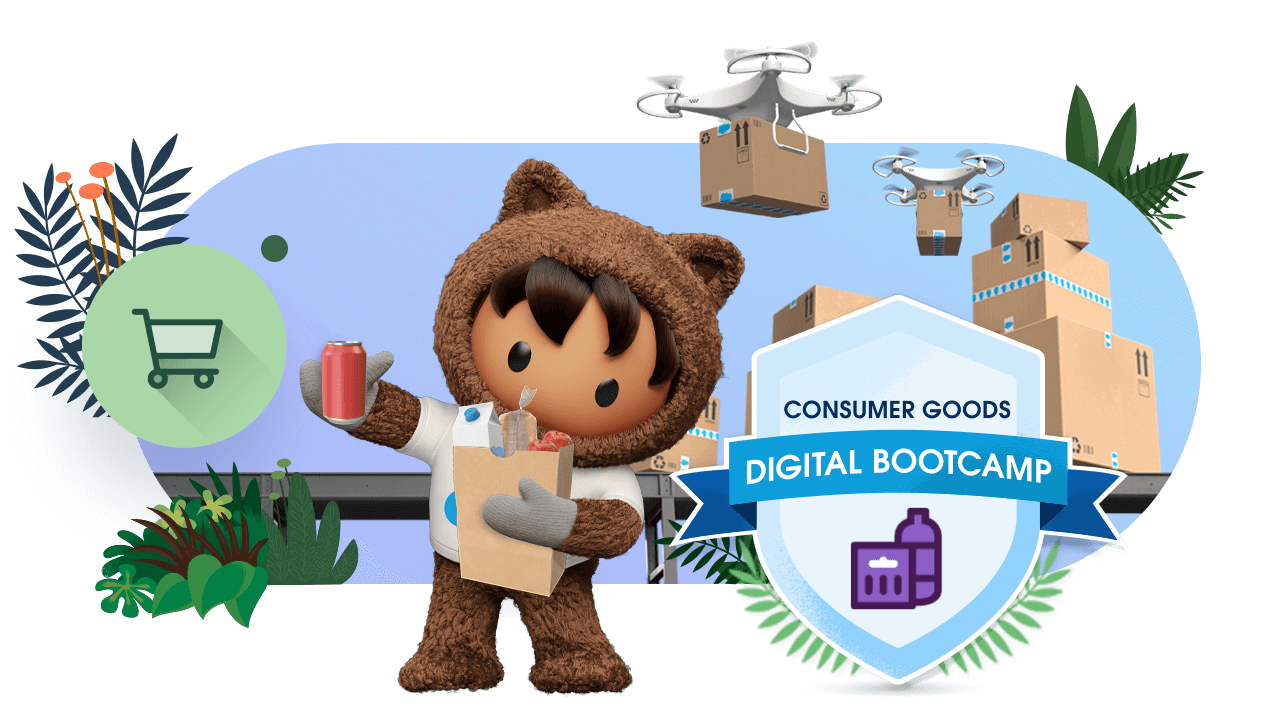 Astro holding consumer goods items and badge for bootcamp course.