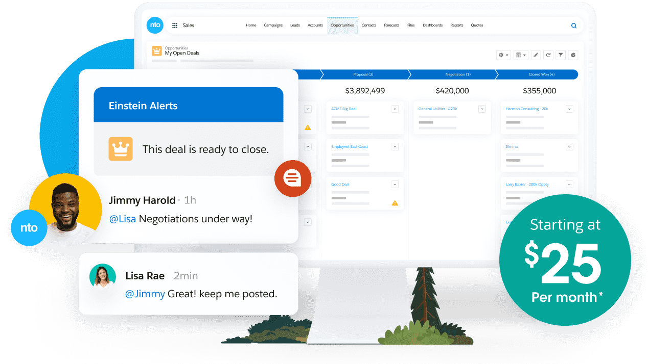 Starting at $25 per month. This screen shows an AI opportunity alert prompting a rep to take action and update his boss. 