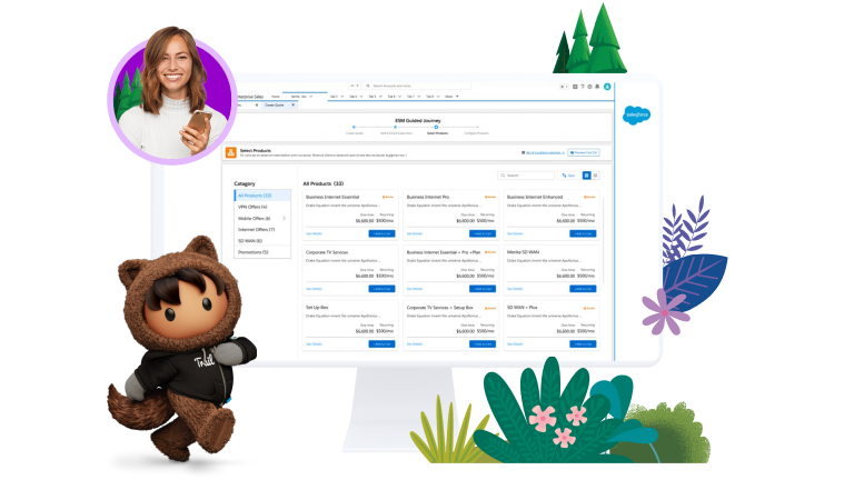 Communications suite guided journey dashboard with Astro and image of a woman on her phone surrounding the computer screen